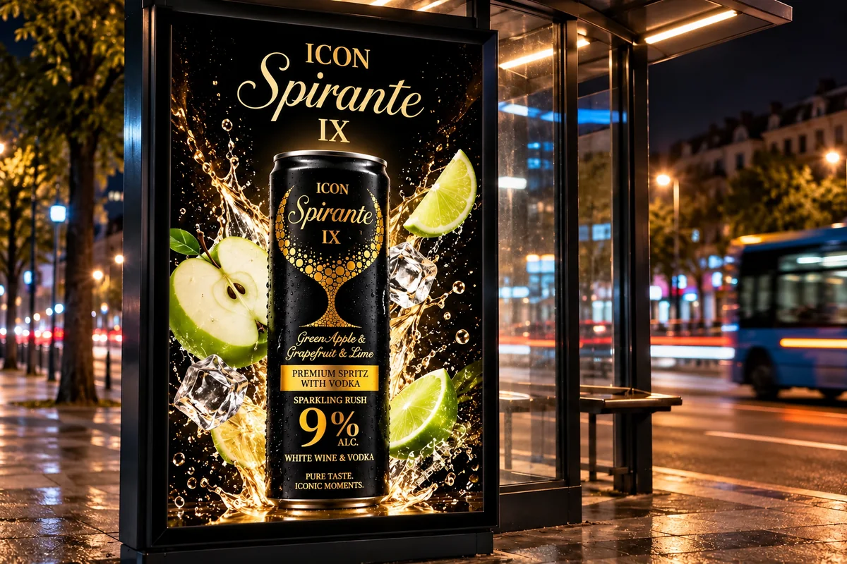 ICON Spirante IX plakát esti buszmegállóban, zöldalmás doboz