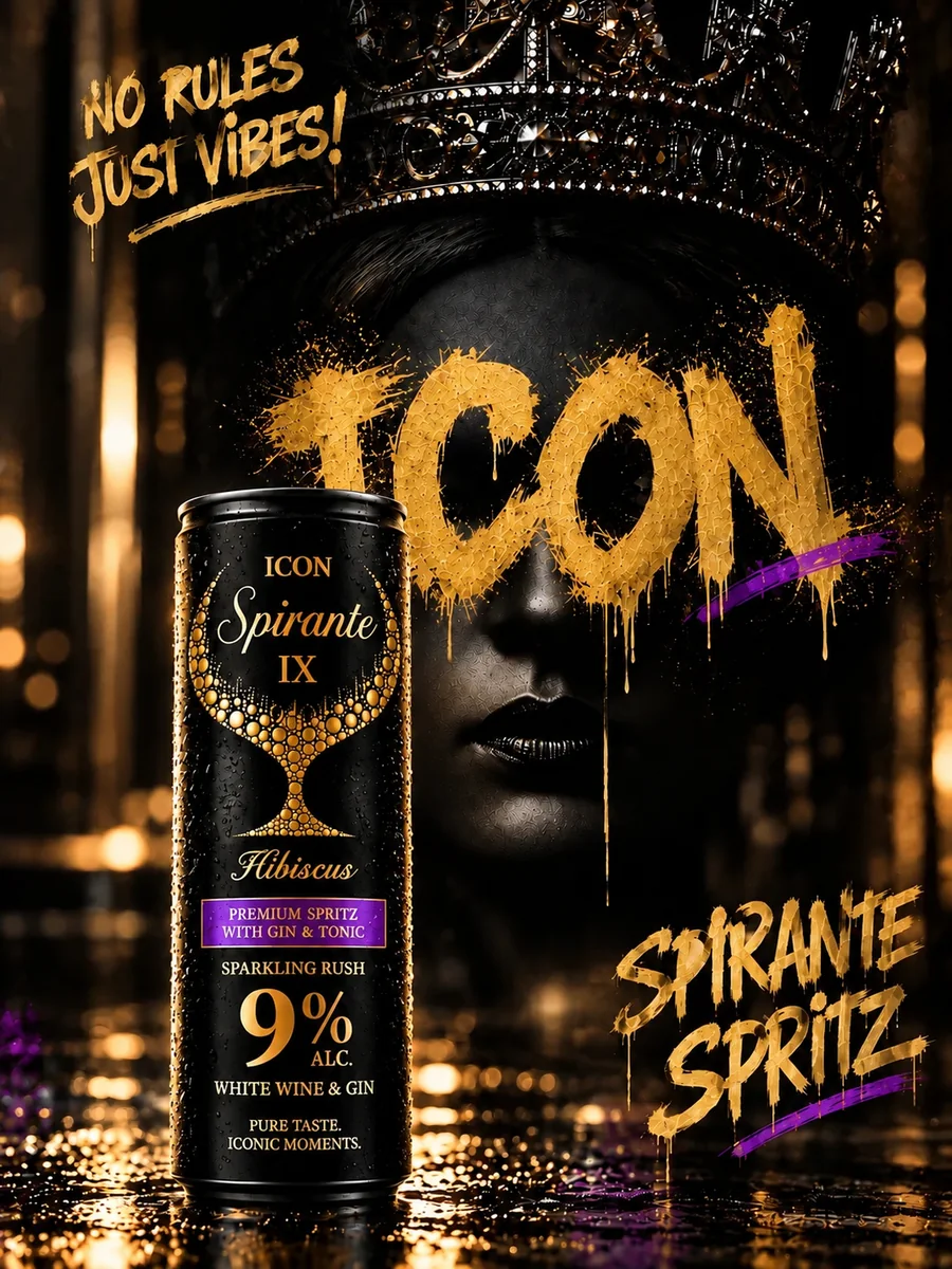 Arany korona és ICON felirat, No rules. Just vibes, ICON Spirante IX dobozok
