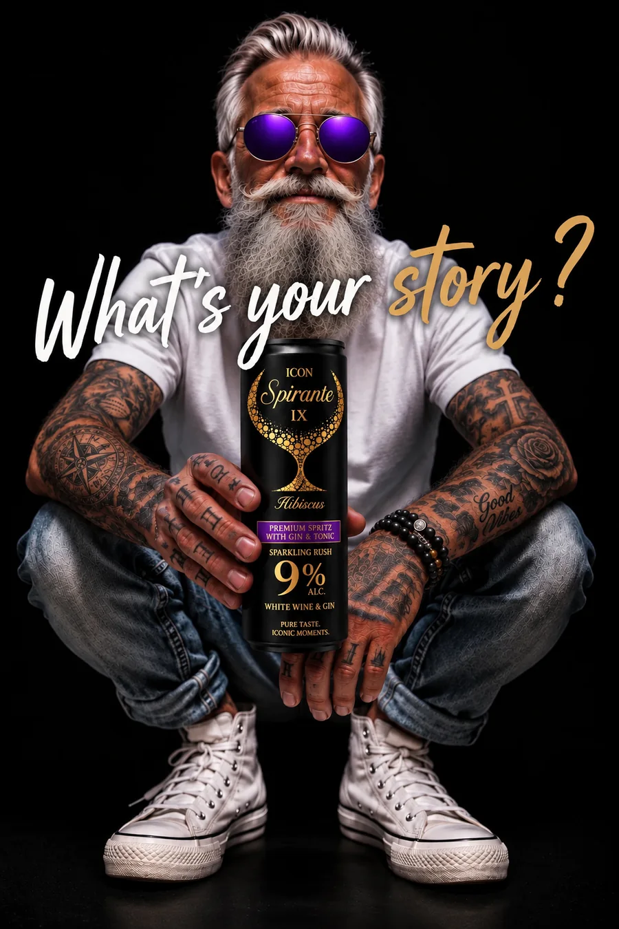 Ősz szakállas, tetovált férfi ICON Spirante IX dobozzal, What's your story? felirat