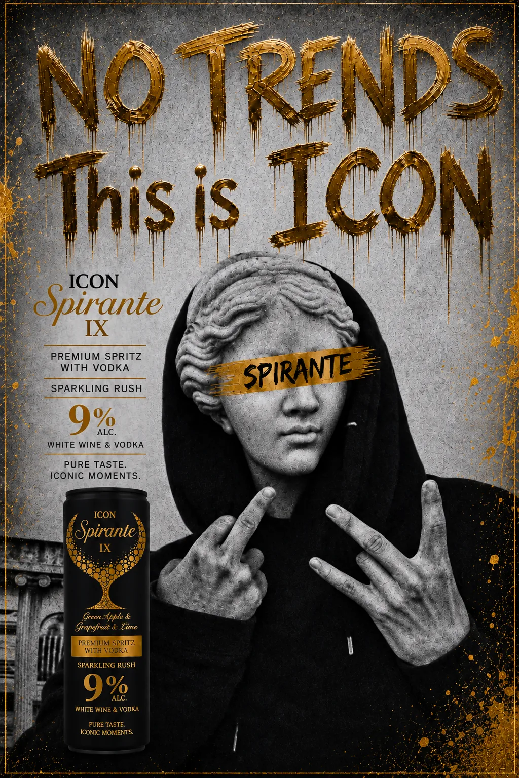 Klasszikus szobor kapucnis pulóverben, arany SPIRANTE szemsávval, zöldalmás ICON Spirante IX dobozzal, No trends. This is ICON felirat