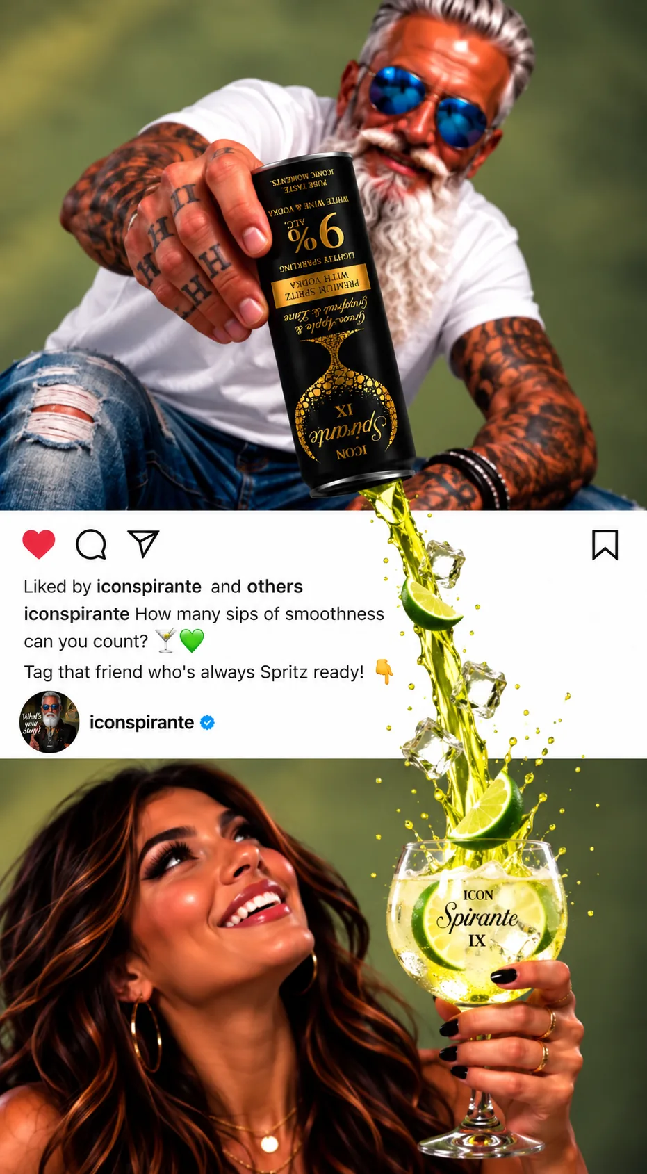 ICON Spirante Instagram-poszt: tetovált férfi kiönti a zöldalmás dobozt, a spritz egy nő poharába zúdul