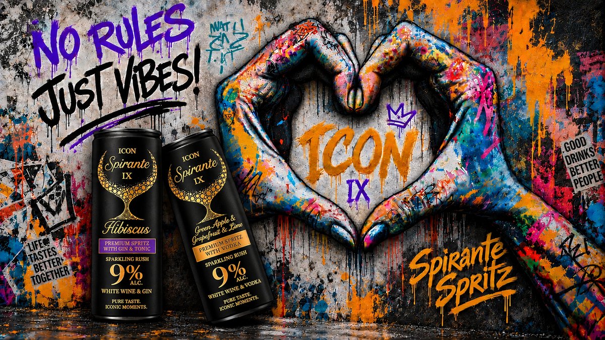 Két ICON Spirante IX doboz graffitis falon, szívet formáló festett kezek, No rules. Just vibes! felirat